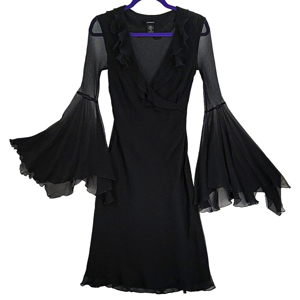 Express sz XS Black Silk Sheer Ruffle V-Neck Witchy Ren Fair Goth Dress Fairy